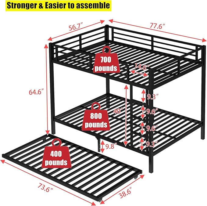 Higher Quality & Stronger Metal Bunk Bed Full Over Full Size Bunkbed Frame, Thickened Heavy Duty More Stable Steel Bunk Bed with Twin Size Trundle (Full)