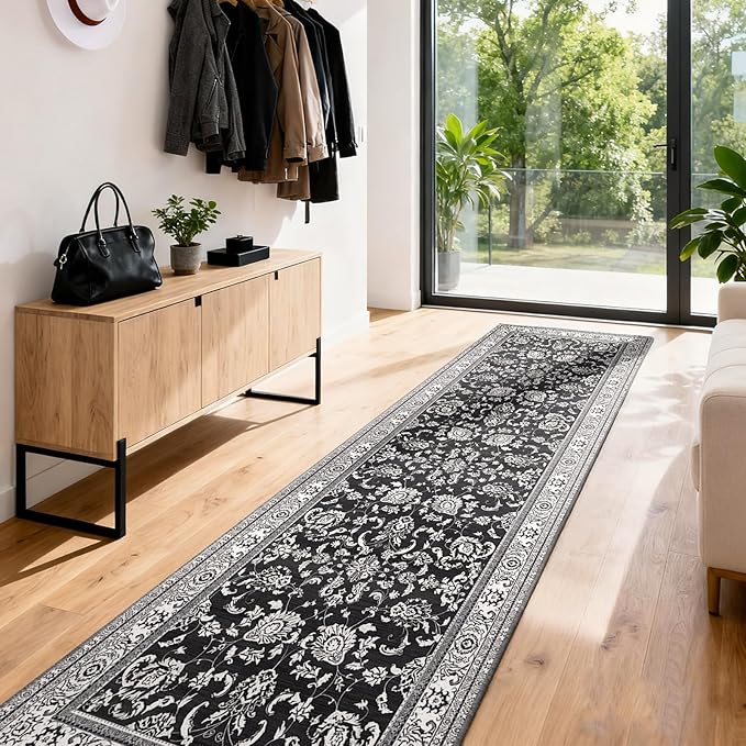 2x3 Washable Area Rug for Entryway：Soft Traditional Printed Area Rug Non-Slip Kitchen Rugs Low-Pile Medallion Indoor Door Mat Small Farmhouse Carpet for Entrance Foyer Bedside Black White 2x3
