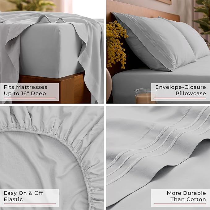 Mellanni Full Sheet Set - 6-Piece Iconic Collection Bedding, (Including 4 Pillowcases), 16-Inch Deep Pocket, Easy Care, Extra Soft, Cooling Sheets, Brushed Microfiber - Light Gray