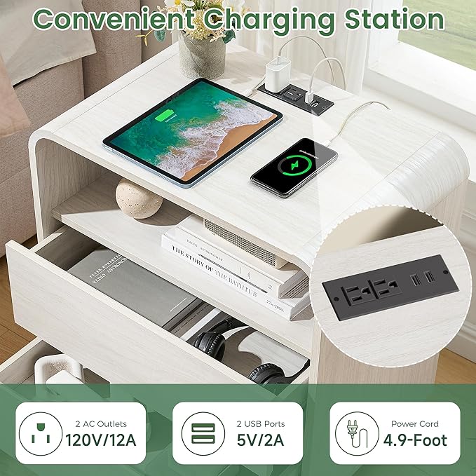 White Nightstand Set of 2 with Charging Station, 23.2" Wide Wood Bedside Table, Modern Night Stand with 2 Storage Drawers, Curved Profile, Handleless End Table for Bedroom Office Dorm