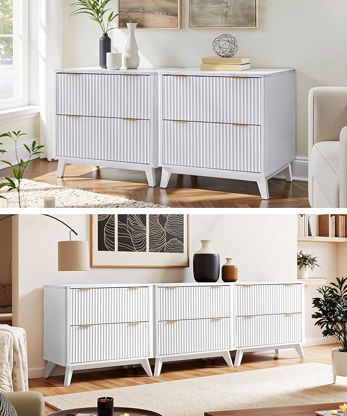T4TREAM Fluted Night Stand Set 2, 30" Tall Bedside Table with 2 Drawers & Large Tabletop, Modern Wood Side Tables Bedroom, End Table for Living Room, White