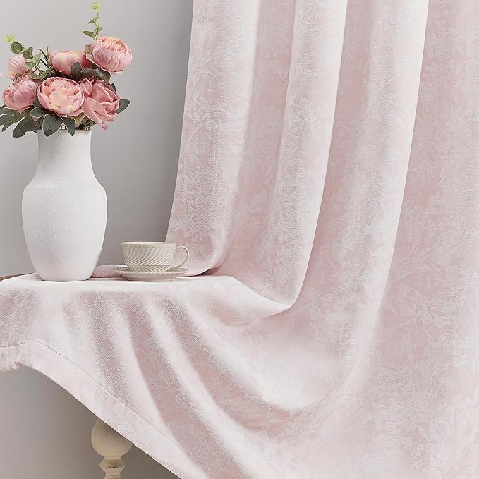Beauoop Pink Floral Jacquard Blackout Curtains 96 Inches Long 2 Panels for Bedroom Living Room Chenille Flower Room Darkening Thermal Insulated Soundproof Grommet Window Treatments Drapes, 52x96