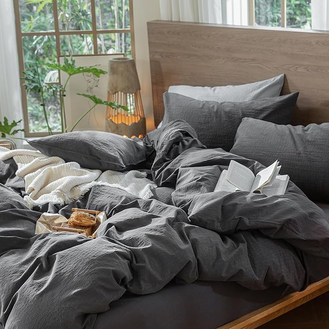 MooMee Wavy Striped Duvet Cover Set 100% Washed Cotton Linen Like Textured Breathable Durable Soft Comfy (Charocal Grey, Full 80"x90")