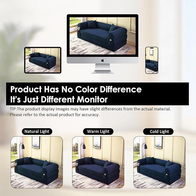 80" Convertible Sofa Bed, 3-in-1 Corduroy Folding Pull Out Couch with Pillows, No Assembly Modern Boneless Couch Compression Sofa in Box, Floor Sofa with Side Storage Pocket for Living Room,Navy Blue