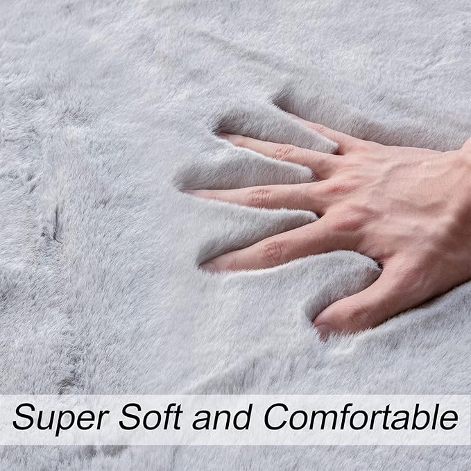 Washable Area Rugs 5x7 Rugs for Living Room Silver Grey Faux Rabbit Fur Rug for Bedroom Faux Sheepskin Rug Teen Room Home Décor