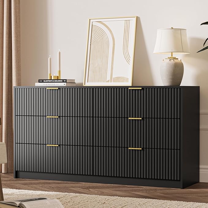 3-Piece Dresser Bedroom Set, 6 Drawer Dresser & 2 Drawer Nightstands with Gold Handles, Fluted Wood Chest of Drawers for Bedroom, Living Room, Entryway, Black