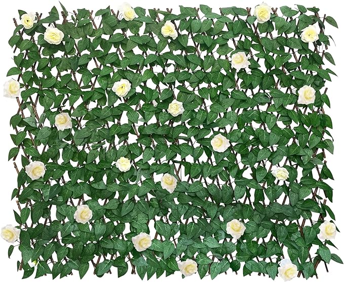 GLANT Expandable Fence Privacy Screen for Balcony Patio Outdoor,Decorative Faux Ivy Fencing Panel,Artificial Hedges (Single Sided Leaves) (1, White Rose)