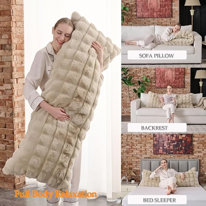 Luxury Shaggy Faux Fur Body Pillow,Fluffy Bed Pillows with Zipper Closure,Soft Decorative Plush Full Long Pillow,Fuzzy Hug Pillow for Home Living Room Side Sleeper & Pregnancy 20"x54" Taupe Chocolate