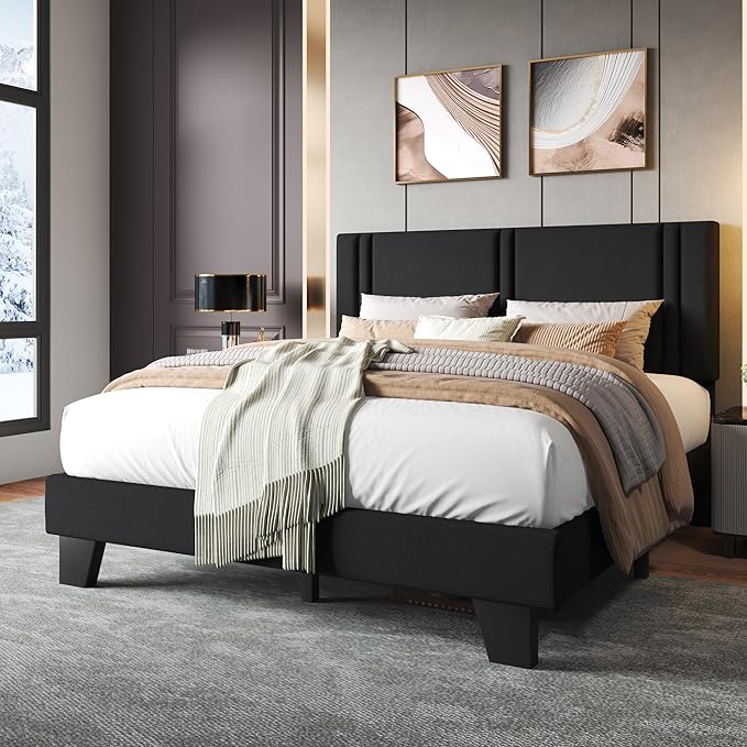 Upholstered Full Size Bed Frame with Linen Fabric Headboard, Strong Wooden Slats Support, Noise Free, No Box Spring Needed, Black