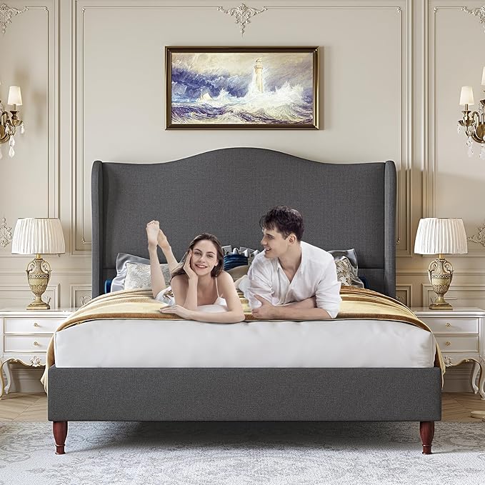 koorlian Full Upholstered Bed, Soft Chenille Sleigh Platform Bed Frame with Wingback Tall Headboard, Retro Minimalist/No Box Spring Required/Easy Assembly, Grey