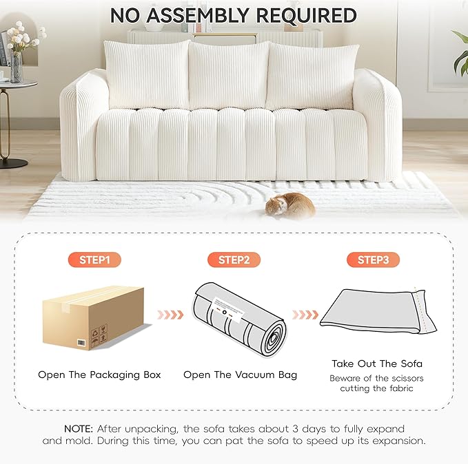 Corduroy Boneless Living Room Sets, Modern Upholstered 3 Seater Sofa with 2 Signle Accent Chairs, Comfy Deep Seat Cloud Sofa Couch Sets for Living Room, White