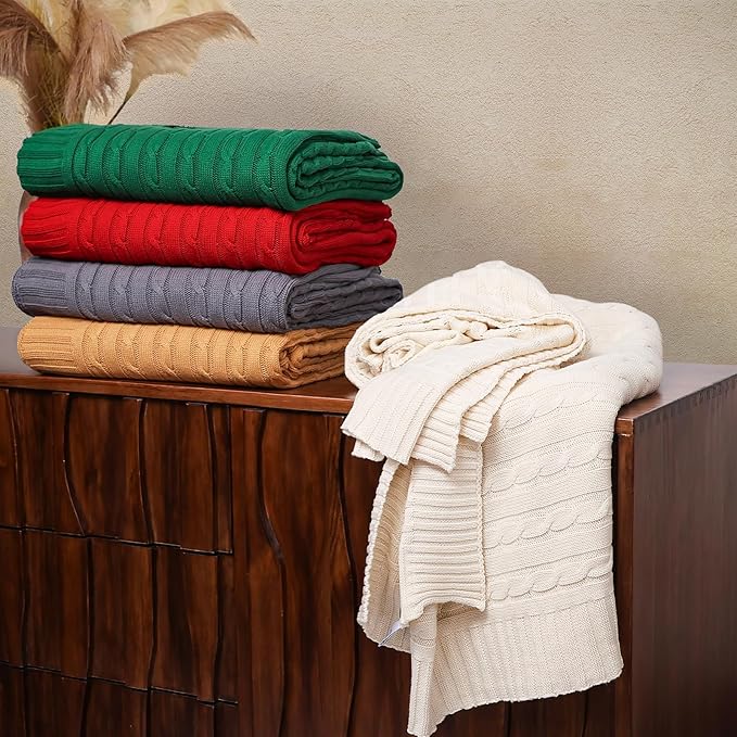 100% Cotton Cable-Knit Throw Blanket: 60" x 70", Ultra Soft, Breathable, All-Season Comfort & Versatility, Ideal for Couch, Bed, Travel and Gifting (Green)