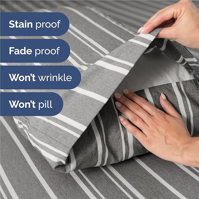 Full 6 Piece Sheet Set - Cooling, Comfy & Breathable - Hotel Luxury Bedding, Includes Fitted Sheet for Women, Men, Kids & Teens - 1 Flat, 1 Fitted Sheet, 4 Pillowcases w/Deep Pockets - Grey Stripes