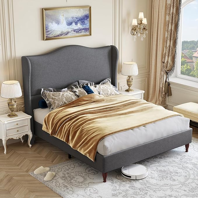 koorlian Queen Upholstered Bed, Soft Chenille Sleigh Platform Bed Frame with Wingback Tall Headboard, Retro Minimalist/No Box Spring Required/Easy Assembly, Grey