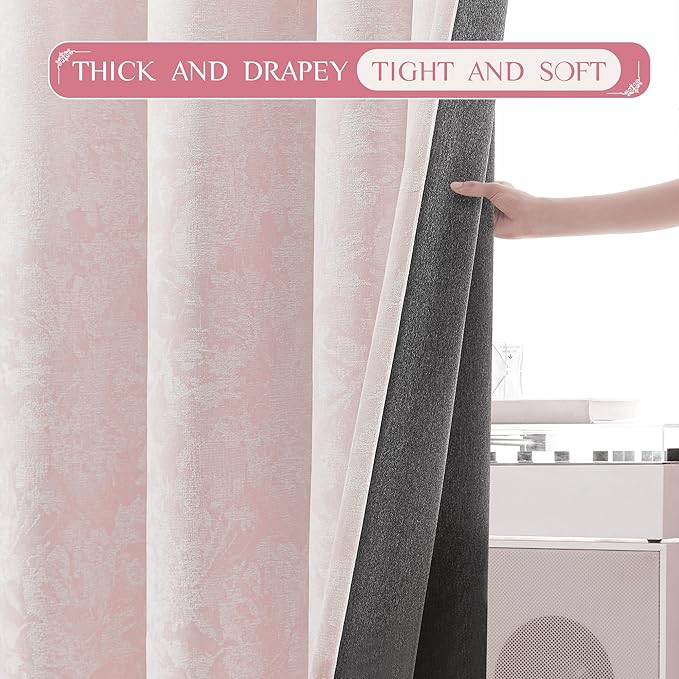Beauoop Pink Floral Jacquard Blackout Curtains 90 Inches Long 2 Panels for Girls Bedroom Living Room Chenille Flower Room Darkening Thermal Insulated Soundproof Rod Pocket Back Tab Window Drapes 52x90