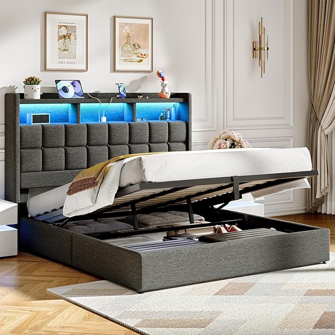 Lift Up King Size Bed Frame with Storage, Upholstered King Bed Frame with Charging Station and LED Lights Headboard, No Box Spring Needed, Easy Assembly - Dark Grey