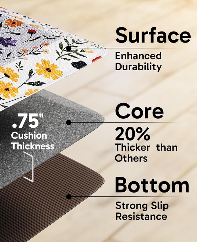 Ophanie Kitchen Mats for Floor, 3/4 inch Thick, 20x39 Anti Fatigue Cushioned Mat, Kitchen Rugs, Waterproof, Comfort Ergonomic Standing Mat for Office, Home, Sink, White Flower Non-Slip Ridged Bottom