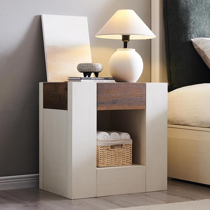OKD Modern Nightstand with Charging Station, 24" Large Bedside Table, Rustic End Table with Drawers & Open Shelf for Bedroom/Living Room, Night Stand Wood Thick Design,Antique White