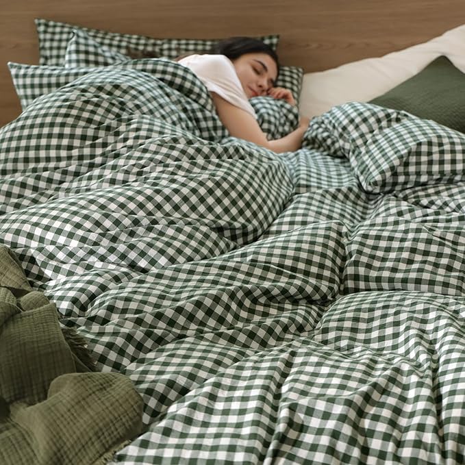 MooMee Gingham Duvet Cover Set 100% Washed Cotton Linen Like Textured Breathable Durable Soft Comfy Modern Checkered Design (Forest Green Gingham, Full 80"x90")