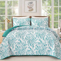 WONGS BEDDING Quilt King Size, Teal Quilt Bedding Set with 2 Pillowcases, Botanical Quilt for King Bed, Soft Microfiber Lightweight Coverlet Bedspread for All Season (110"×90", 3 Pieces)