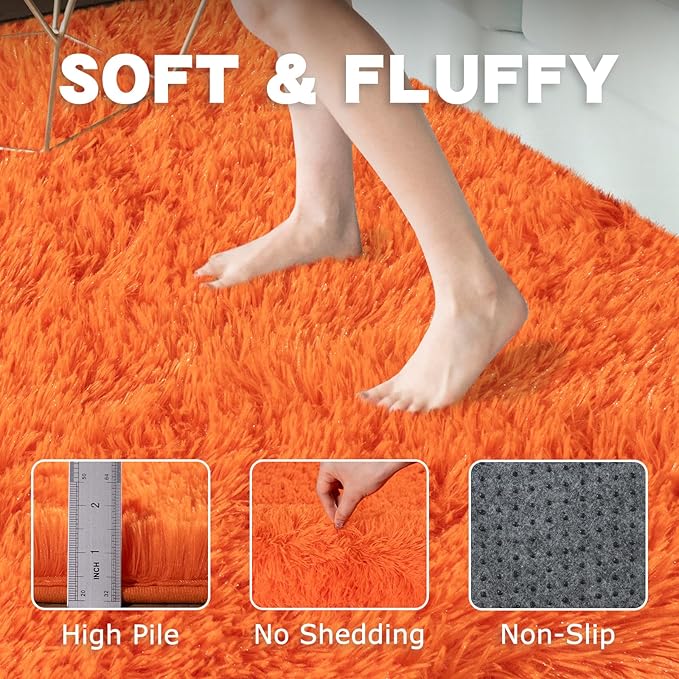 Round Orange Rug for Bedroom, 5 ft Circle Area Rugs for Living Room, Soft Fluffy Shag Carpet for Teen Girls Boys Nursery Room Dorm Home Decor Aesthetic