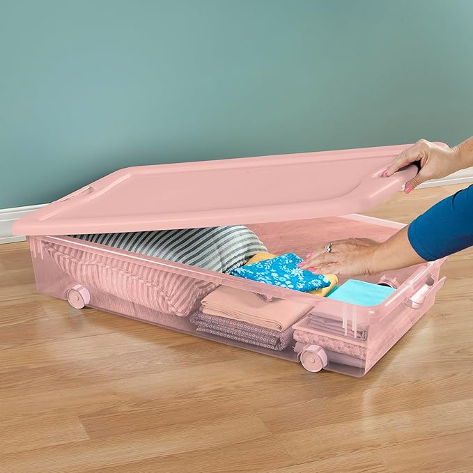 Sterilite 4 Pack Wheeled Under Bed Storage Container, 56 Qt Plastic Bin w/Latching Lid for Organization - Clothes & Shoes Organizer, Pearl Blush Tint