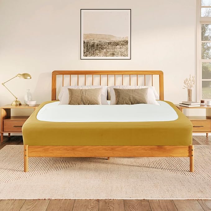 Biscaynebay Decorative Box Spring Cover King & Cal King Size, Gold Luxurious Jersey Knitting Stretchy Wrap Around 4 Sides Bed Skirt for Home/Hotels, Easy Fit Wrinkle & Fade Free Machine Washable