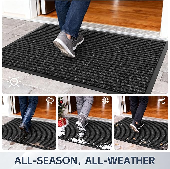 Front Door Mat, 120" x 36" Heavy Duty Indoor Outdoor Doormat, Non-Slip Welcome Mats for Entryway, Rubber Backing Low Profile Commercial Door Mats, Black Stripe