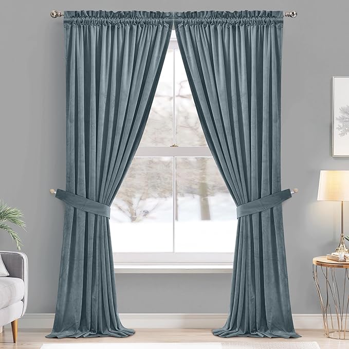 StangH Stone Blue Curtains for Living Room Sliding Door, Elegant Velvet Thermal Insulated Privacy Drapes for Bedroom/Kids, Heavy Soft Home Decor, W52 x L100, 2 Panels