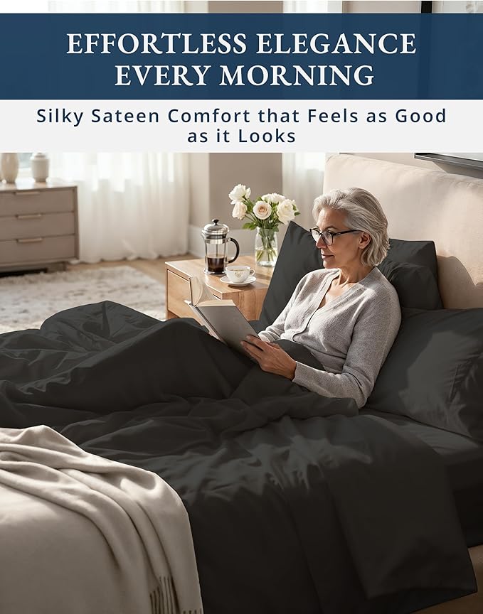 LANE LINEN 100% Egyptian Cotton Cal King Sheets- 1000TC Long Staple Mercerized Cotton No Pill Fade Resistant Silky Sateen Weave for Soft & Comfy Good Night Sleep, Deep Pocket Fits 15" Mattress-Black