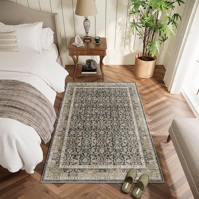 Washable 2x3 Entryway Rug, Boho Non-Slip Door Mat Vintage Distress Small Rugs for Kitchen Nursery Office Bedroom, 0.3" Neutral Oriental Throw Carpet with Cushioning Pad, Tan/Flaxen/Multi