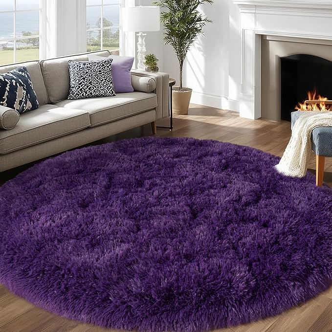 Round Purple Rug for Bedroom, 7 ft Circle Area Rugs for Living Room, Soft Large Fluffy Shag Carpet for Teen Girls Boys Nursery Room Dorm Home Decor Aesthetic