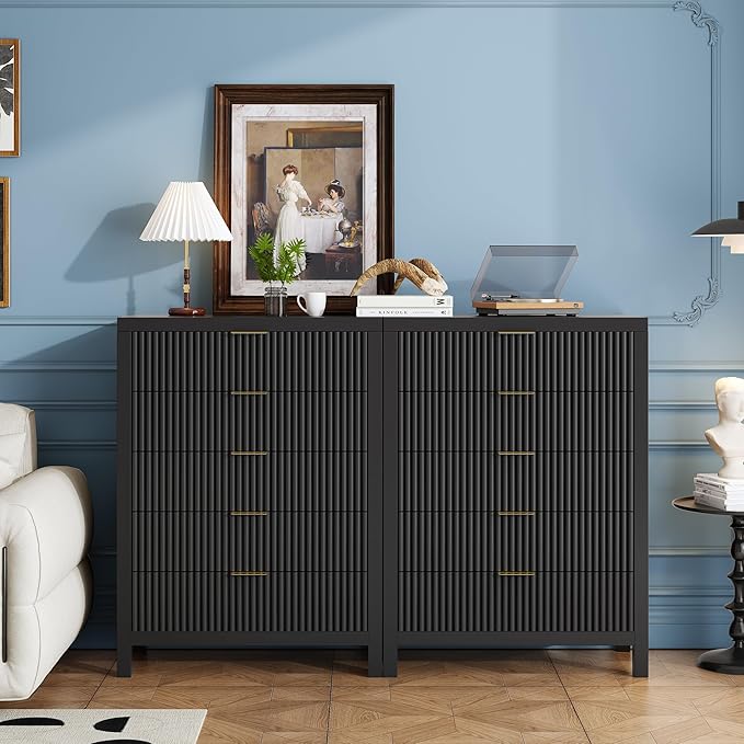 43" 5 Drawer Dresser Tall Dresser Organizer TV Drawer Cabinet Modern Wood Storage Cabinet, Modern Wood Storage Cabinet for Bedroom, Hallway, Entryway, Black