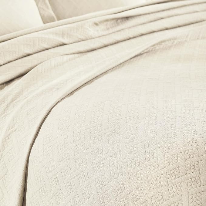 Superior 2 Piece Basketweave Cotton Bedspread Set, Home Bed Decor, Decorative Bed Spread, 1 Pillow Sham, Medium Weight Blanket, Matelasse Coverlet Bedding, Geometric Lattice Pattern, Twin, Ivory