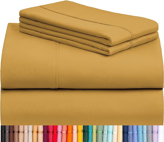 LuxClub 4 PC Queen Sheet Set, Deep Pockets Wrinkle Free Cooling Bed Sheets Hotel Bedding for Women, Men, Includes 1 Fitted Sheet, 1 Flat Sheet and 2 Pillowcases-Silky Soft Medallion Gold