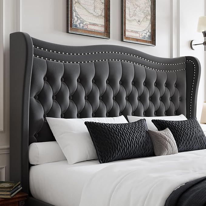 Upholstered Queen Size Bed Frame with Tall Headboard, Velvet Wingback Platform Bed Frame with Deep Button Tufted, No Box Spring Needed, Noise Free, Grey