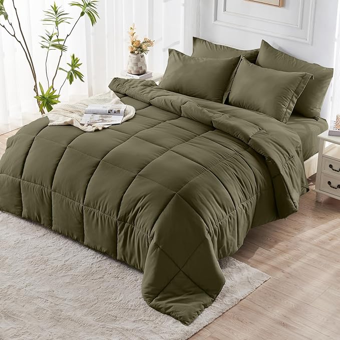 JOLLYVOGUE King Comforter Set, Ultra-Soft Bed in a Bag King Size 7 Pieces, Oeko-TEX Certified Bedding Set with Down Alternative Comforter, Sheets, Pillowcases & Shams, Olive Green