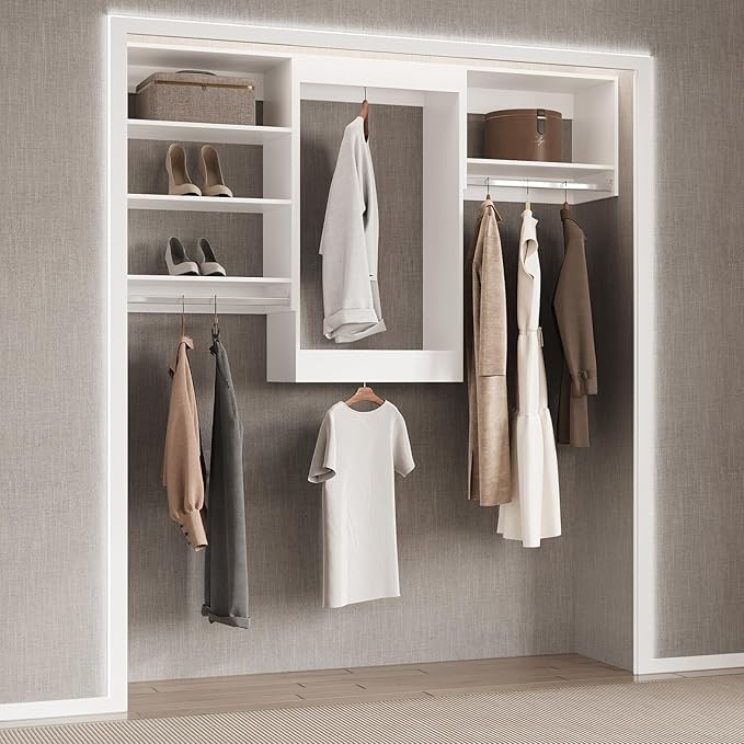 Double Hanging Closet Unit, Modular Closet System, Wood Closet System Organizer with Storage for Walk in Closets, Clothing Rack Wardrobe Closet for Hanging Clothes, Bedroom, White, 22.5" W