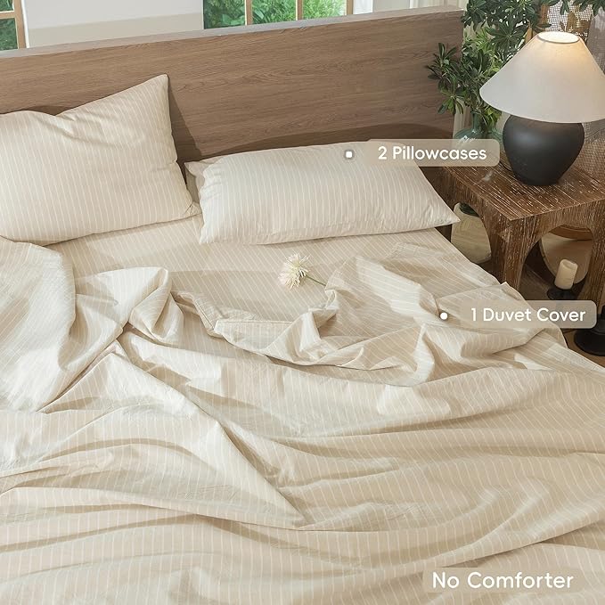 MooMee Striped Duvet Cover Set 100% Washed Cotton Linen Like Textured Breathable Durable Soft Comfy (Almond Milk Grey White Wide Stripes, Super King Plus 120"x120")