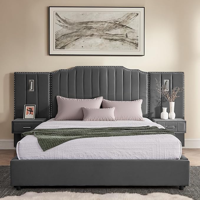 Luxury Queen Bed Frame with Headboard and Storage, Velvet Fabric Upholstered Platform Bed Frame Queen Size with LED Lights, Solid Frame & Bedside Table, No Box Spring Needed, Gray