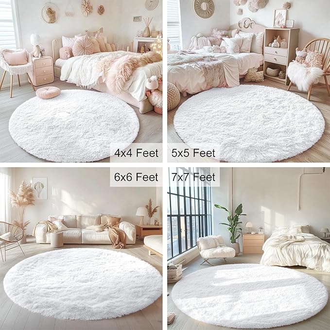 OLANLY White Round Rugs for Bedroom - Machine Washable, 8 ft Circle Area Rugs for Living Room, Soft and Fluffy Shaggy Carpet for Teen Girls and Boys, Nursery Rooms, Dorms, Home Decor Aesthetic