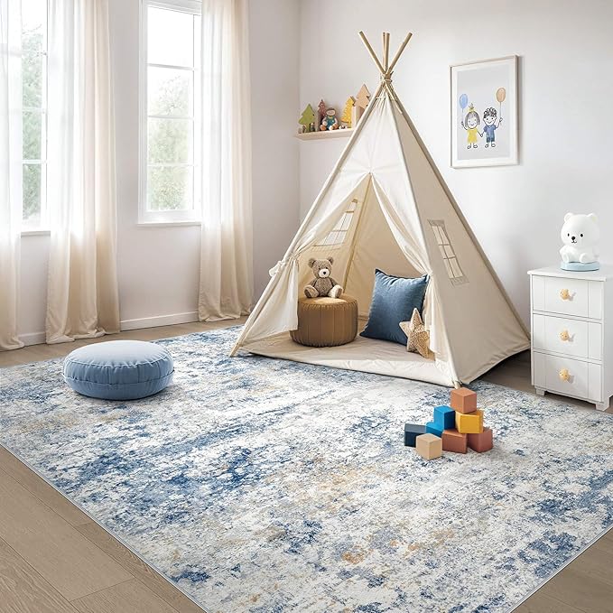 Area Rug Living Room Rugs - 10x13 Abstract Large Soft Indoor Washable Rug Neutral Modern Low Pile Carpet for Bedroom Dining Room Farmhouse Home Office - Blue