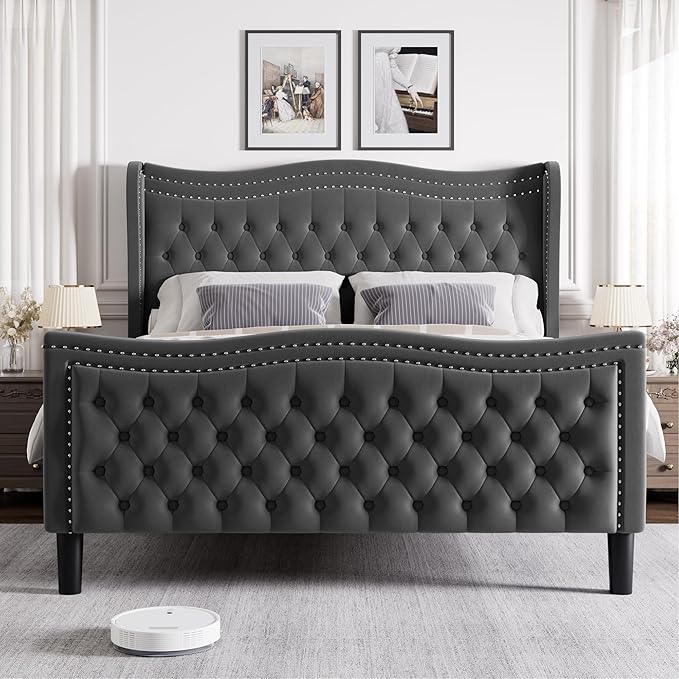 King Bed Frame with Tall Headboard & Footboard, Velvet Upholstered Platform Bed Frame with Deep Button Tufted Wingback, No Box Spring Needed, Noise Free, Grey