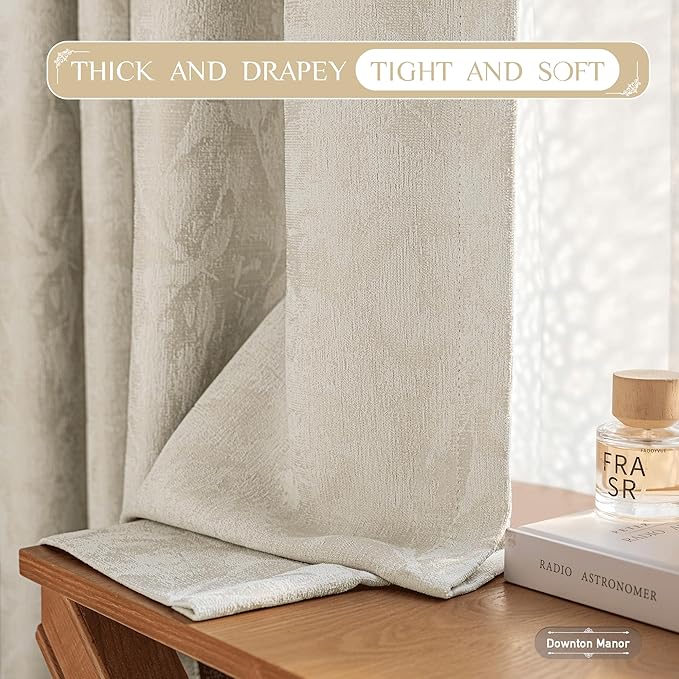 Beauoop Beige Floral Jacquard Blackout Curtains 90 Inches Long 2 Panels for Bedroom Living Room Taupe Flower Chenille Room Darkening Thermal Insulated Soundproof Grommet Window Treatments Drapes 52x90
