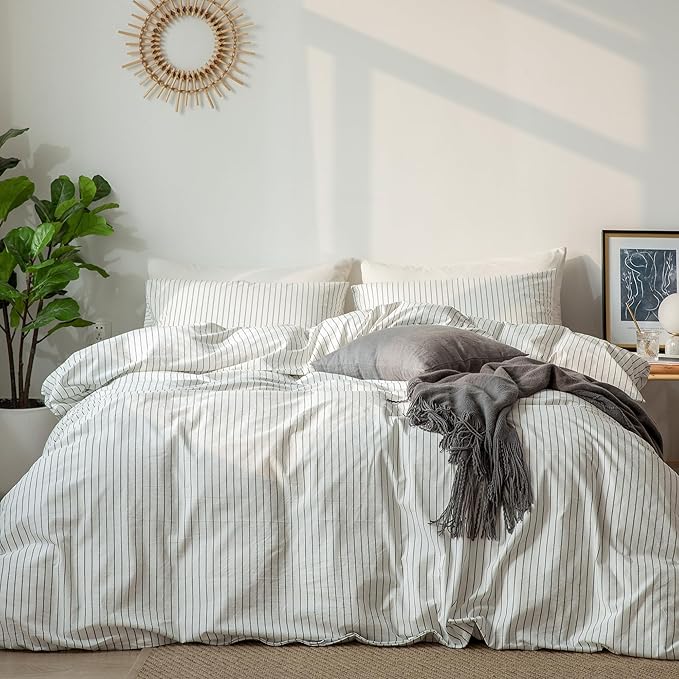 MooMee Striped Duvet Cover Set 100% Washed Cotton Linen Like Textured Breathable Durable Soft Comfy (White Dark Grey Wide Stripes, Queen 90"x90")