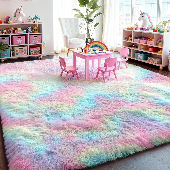 PAGISOFE 8x10 Rainbow Large Area Rug,Plush Rugs for Bedroom Girls,Shaggy Carpet for Kids Room,Fuzzy Nursery Rug for Baby's Toddler's Room,Clorful Room Decor for Teenage Pastel Princess Rug