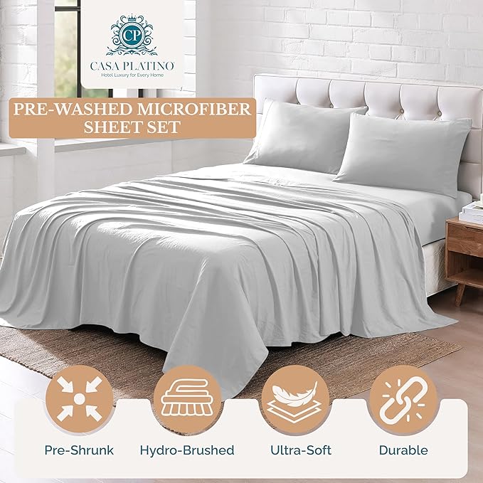 Casa Platino Twin Sheets, 3 Piece Set, Pre-Washed Ultra Soft & Breathable Twin Bed Sheets Set, Brushed Microfiber Sheets, Fade Resistant Bedding with Deep Pockets – Silver