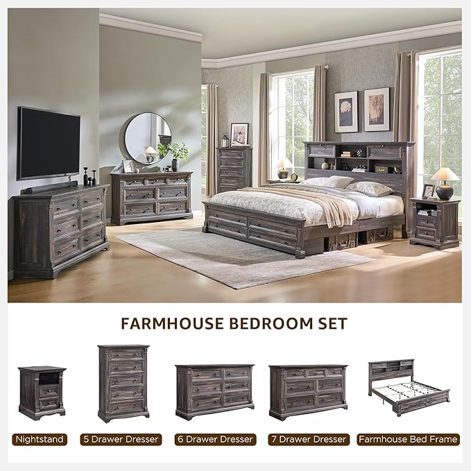 Farmhouse King Size Bed Frame with 54" Tall Storage Bookcase Headboard, Wood Platform Bed Frame with 18" Tall Roman Column Decoration Footboard & 2 Drawers, No Box Spring Needed(Dark Rustic Oak)