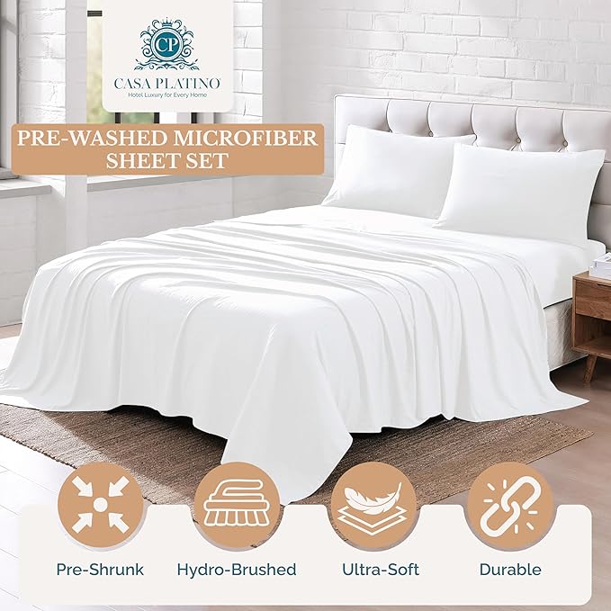Casa Platino King Bed Sheets, Pre-Washed Brushed Microfiber King Sheets, Soft & Cozy Bedding, 4 Piece Set, Ultra Soft & Breathable Bedding, Deep Pocket 15 Inch Sheet & Pillowcase Sets– White