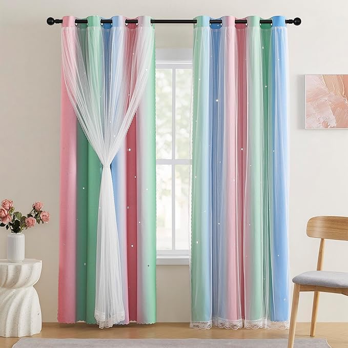 XiDi Pink Curtains for Bedroom Decor Blackout Curtains for Girl Room Rainbow Curtains for Kids Room Unicorn Wall Decals Blue Curtains Green 34X72 Inch Long 1